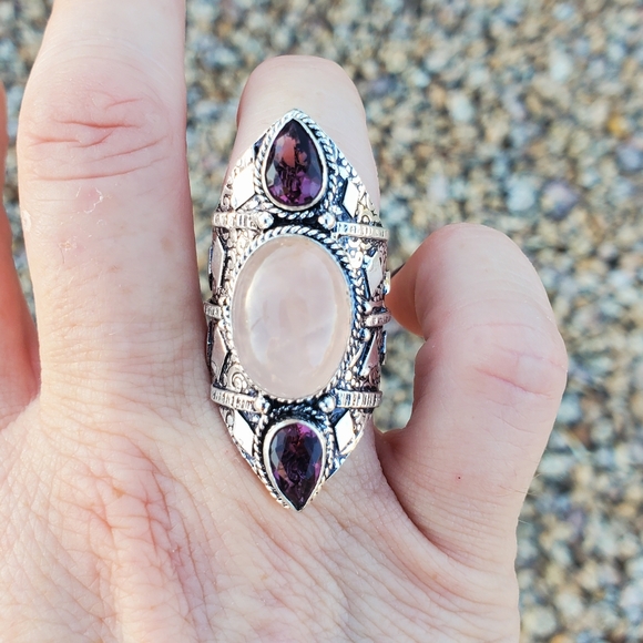 New Rose Quartz and Amethyst 925 Silver Statement Ring. - Picture 9 of 16